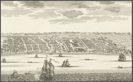 Indie, zicht op de stad Makassar (1747)